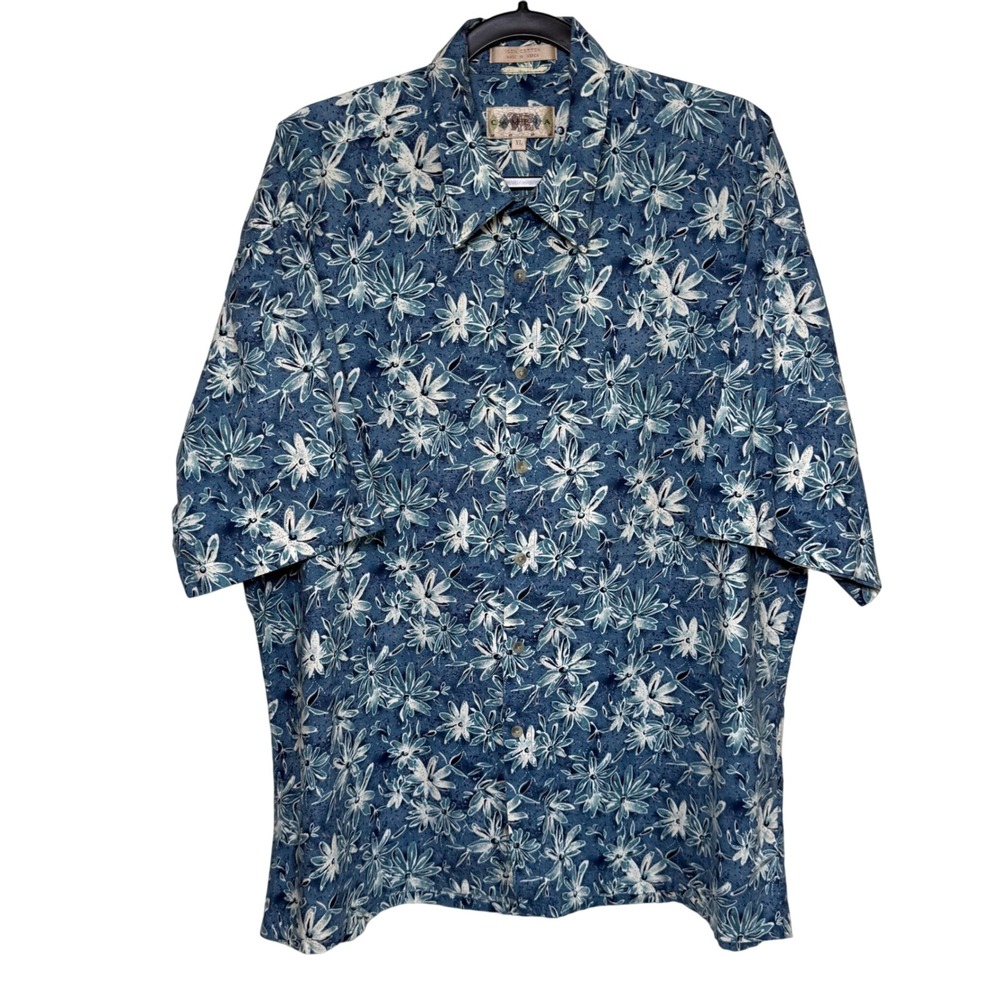 Campia Moda Mens XL Blue Floral Short Sleeve 100% Cotton Button Down Shirt